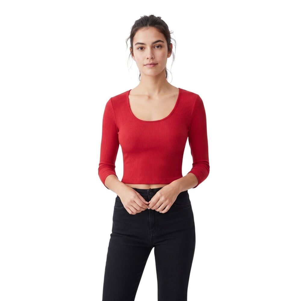 Women's 3/4 Sleeve Red Cotton Crop Top by SSOULM
